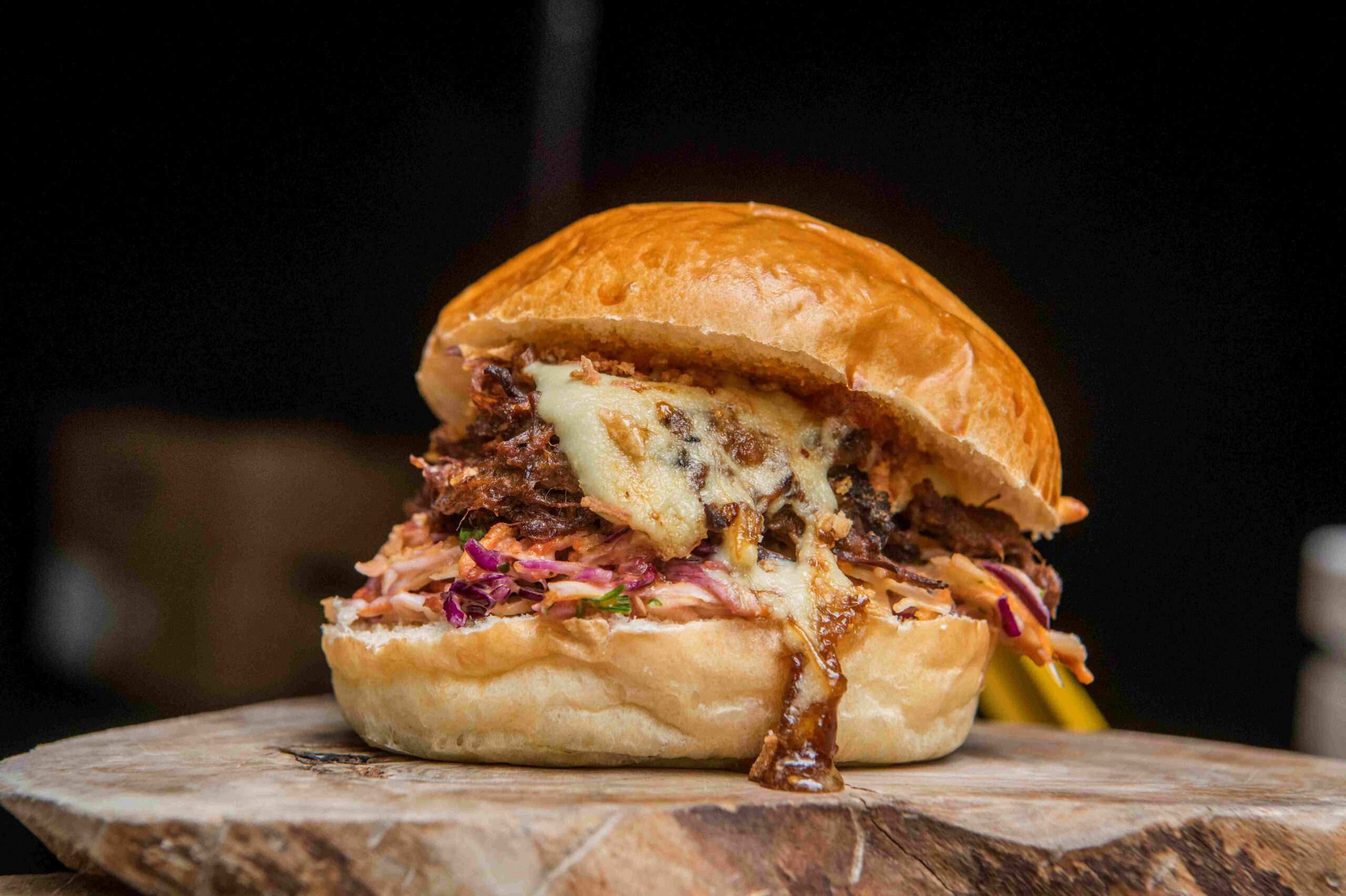 Christmas burger served on a wooden board